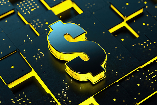 Black dollar sign on yellow hi-tech background