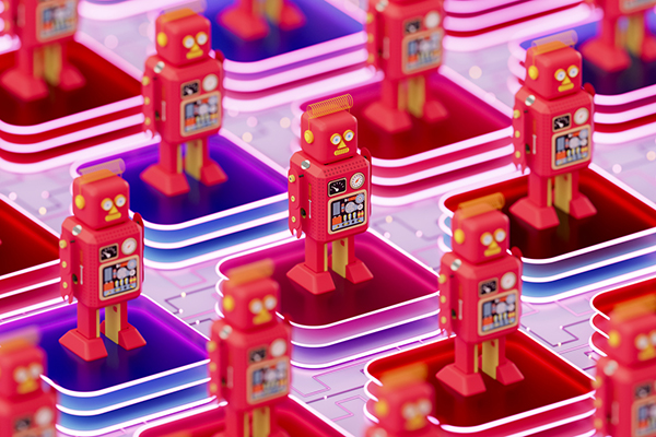 Retro robots on neon blocks