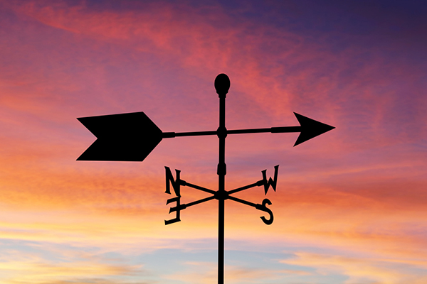 Weather vane against sunset sky