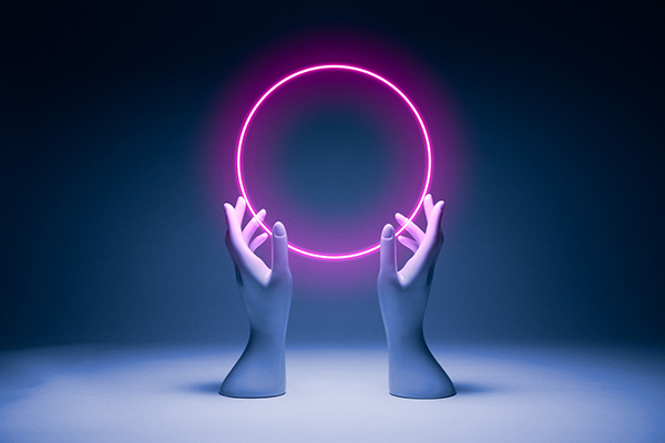 Robotic hands holding a halo