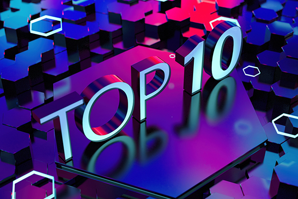 Top 10 sign on hexagon platform with colorful neon lights