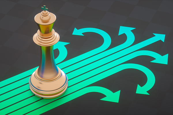 Golden king chess piece with green arrows