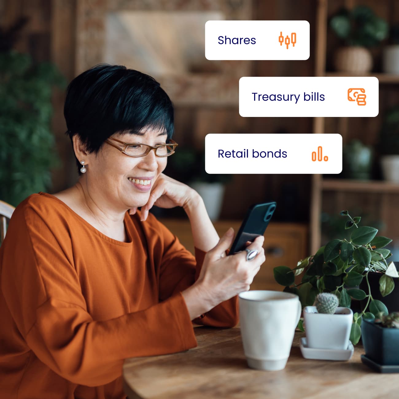 middle aged woman kitchen mobile happy ui instruments