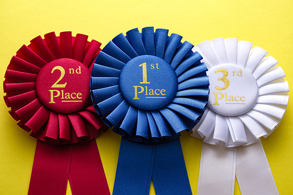 Rosettes representing first, second and third place