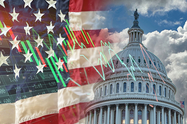 US flag, Capitol Hill and market graph