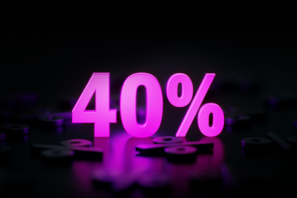 Forty per cent sign in pink on black background